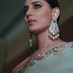 Portrait of a woman in traditional attire adorned with elegant jewelry, showcasing fashion and style.